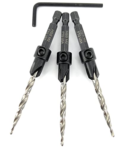 FTG USA #10 (3/16") Wood Countersink Drill Bit 3-Pc Set with Hex Key - size: #10, style: 3 Pc w/o Depth Stop