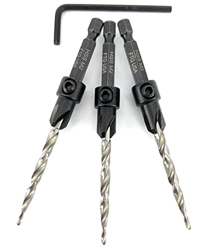 FTG USA #10 (3/16") Wood Countersink Drill Bit 3-Pc Set with Hex Key - size: #10, style: 3 Pc w/o Depth Stop