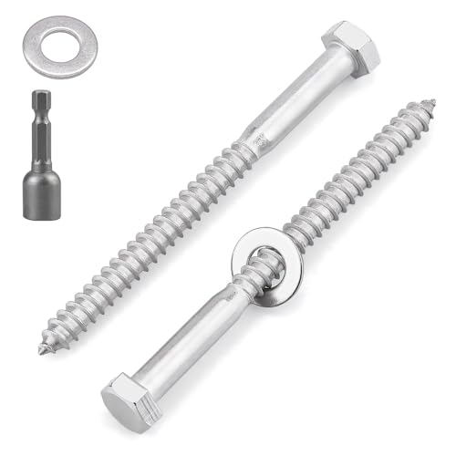 15 Sets 1/4 x 3-1/2" Stainless Steel Hex Head Lag Screws with Flat Washers & Bit, Heavy Duty Wood Screws, Rust-Proof Exterior Fasteners for Deck, Fence & Construction - size: 1/4 x 3-1/2"