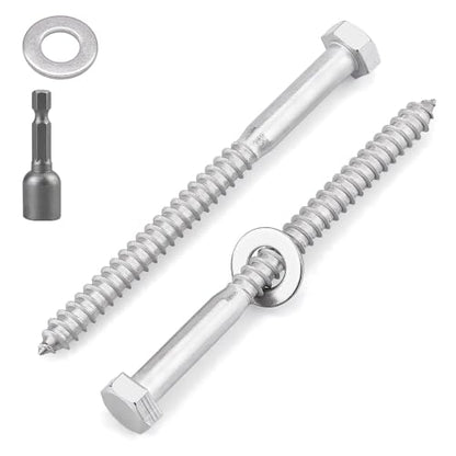15 Sets 1/4 x 3-1/2" Stainless Steel Hex Head Lag Screws with Flat Washers & Bit, Heavy Duty Wood Screws, Rust-Proof Exterior Fasteners for Deck, Fence & Construction - size: 1/4 x 3-1/2"