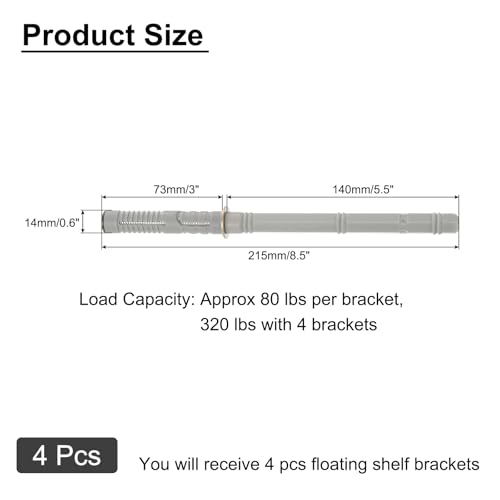 uxcell 4 Pcs Floating Shelf Brackets, Metal Hidden Shelf Support Brackets 0.6" x 5.5" Invisible Shelf Brackets with Screws for Floating Wood Shelves (Silver Tone) - size: 0.6" Dia x 5.5" Length