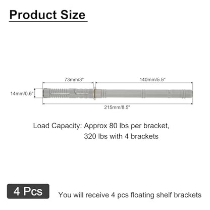 uxcell 4 Pcs Floating Shelf Brackets, Metal Hidden Shelf Support Brackets 0.6" x 5.5" Invisible Shelf Brackets with Screws for Floating Wood Shelves (Silver Tone) - size: 0.6" Dia x 5.5" Length