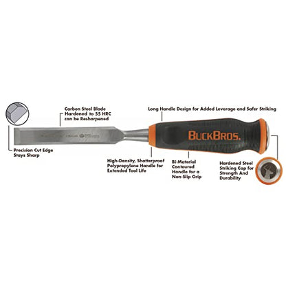 Buck Bros. 74817 1-1/4 Inch Wood Chisel, Full Tang Wood Carving Tools, Woodworking Tools for Carpentry, Trim Work, and DIY Projects, Hardened Steel Blade, Beveled Edge, Durable Non-Slip Handle - size: 1-1/4 Inch