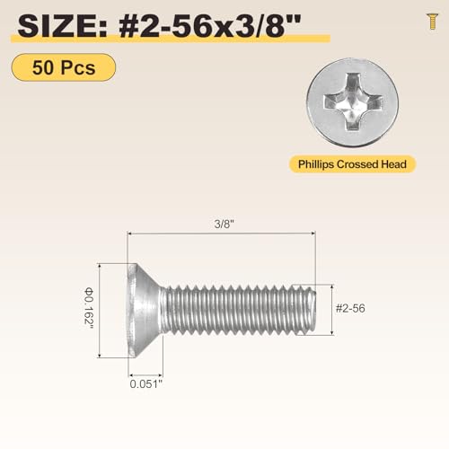 METALLIXITY #2-56x3/8 Phillips Flat Head Bolts 304 Silver 50Pcs - color: Silver, size: #2-56x3/8"