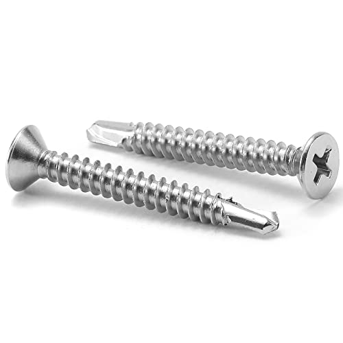 #10 x 1-1/2" Sheet Metal Screws 100Pcs 410 Stainless Steel Flat Head Tek Screws Fast Self Tapping Screws by SG TZH - size: #10 x 1-1/2"