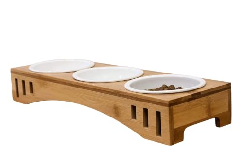 Elevated Pet Feeder Stand Three Bowls, Bamboo Wood, Small to Medium Pets