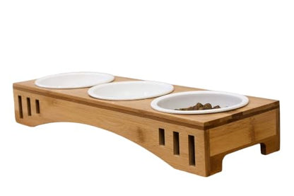 Elevated Pet Feeder Stand Three Bowls, Bamboo Wood, Small to Medium Pets