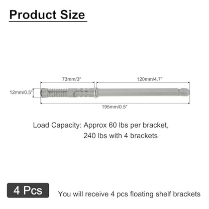 uxcell 4 Pcs Floating Shelf Brackets, Metal Hidden Shelf Support Brackets 0.5" x 4.7" Invisible Shelf Brackets with Screws for Floating Wood Shelves (Silver Tone) - size: 0.5" Dia x 4.7" Length
