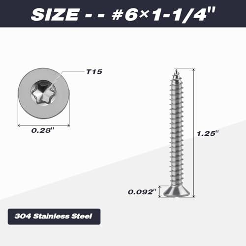 #6 x 1-1/4" Torx Flat Head Sheet Metal Screws, 304 Stainless Steel Countersunk Head Self Tapping Screws, Pack of 100 with Torx Bit - size: #6 x 1-1/4