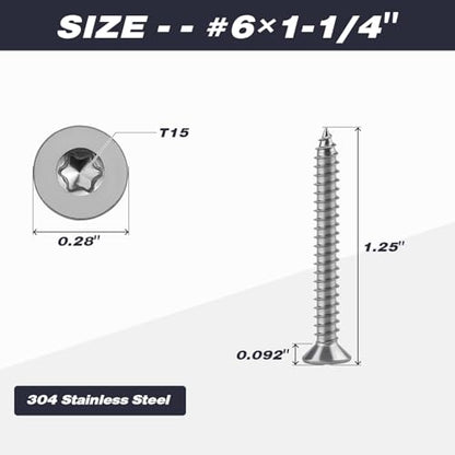 #6 x 1-1/4" Torx Flat Head Sheet Metal Screws, 304 Stainless Steel Countersunk Head Self Tapping Screws, Pack of 100 with Torx Bit - size: #6 x 1-1/4