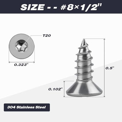 #8 x 1/2" Torx Flat Head Sheet Metal Screws, 304 Stainless Steel Countersunk Head Self Tapping Screws, Pack of 100 with Torx Bit - size: #8 x 1/2