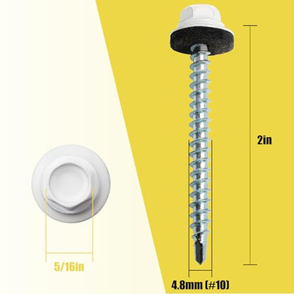 JEGONFRI 200PCS #10 x 2 White Hex Head Self-Drilling Metal Roofing Screws - color: White, size: 2 in