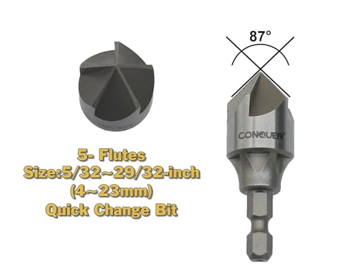 CONQUER 5 Flute Metal Countersink Drill Bit, 1/4" Hex Shank, 5/32"-29/32" - size: 5/32"-29/32" (4-23mm)