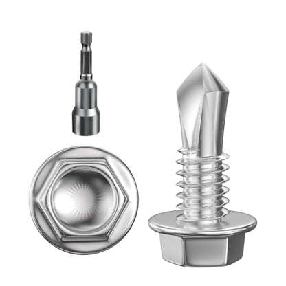 Wensilon (400Pcs) #8×1/2" Hex Washer Head Self Drilling Screws, 410 Stainless Steel Metal SheetScrews，TEK Screws, Sheet Metal Self Tapping Screws - color: Silver, size: #8×1/2"