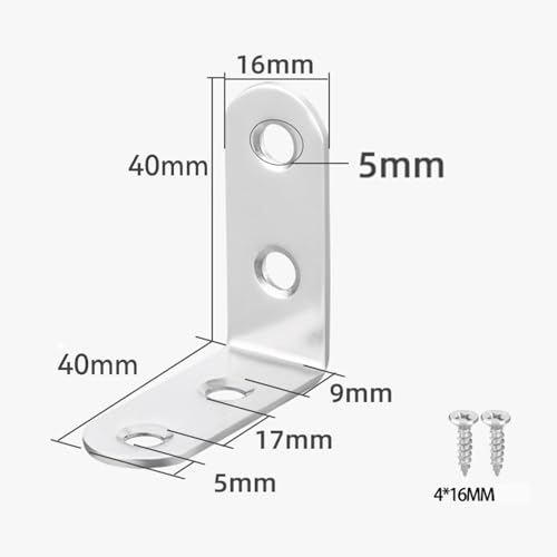 Stainless Steel Corner Brace, 20Pcs 90 Degree Right L-Shaped Metal Corner Connector Joint Plate, Cabinet, DIY Woodworking Projects with 80PCS Screws 1.57x0.6in (40x40x16) - size: 40x40x16
