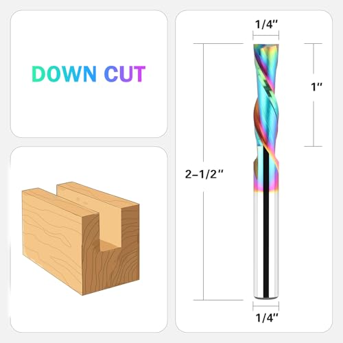 1/4 Inch Shank Downcut Spiral Router Bit 1/4 Inch Cutting Diameter 1 inch Cutting Length with Extra Long Life TAC Coating CNC Router Bits Wood End Mill for Woodwork Mortise Slot Trim - size: 1/4" Dia - 1" CL -1/4" Shank, style: DOWN CUT