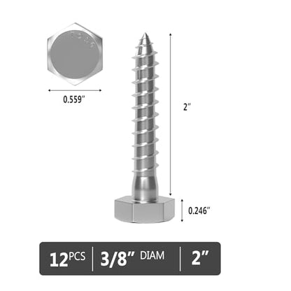VGBUY 3/8" x 2" Hex Head Lag Screws 12Pcs, 304 Stainless Steel 18-8 Lag Bolts Wood Screws Heavy Duty Large Screws for TV Mounts, Deck, Boat Repair - size: 3/8x2 (12pcs)