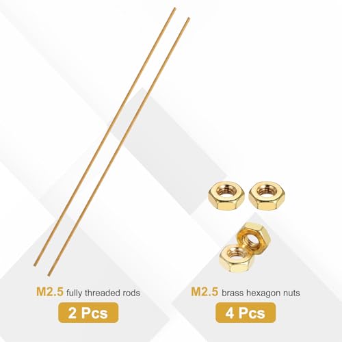 uxcell 2 Sets Brass Fully Threaded Rod, M2.5x0.45mm Pitch Right Hand Threads Studs with Solid Brass Hex Nuts, 250mm/10 Long Threaded Screw Rods Fasteners for Anchors Bolts Hangers Clamps - size: M2.5x0.45mmx250mm