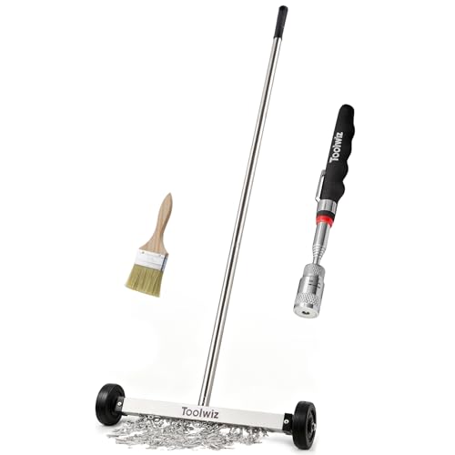 Toolwiz 15" Rolling Magnetic Sweeper with LED Telescopic Pick Up Tool - size: 15 inches + 8 LB Pick Up Tool with Light