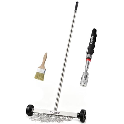 Toolwiz 15" Rolling Magnetic Sweeper with LED Telescopic Pick Up Tool - size: 15 inches + 8 LB Pick Up Tool with Light