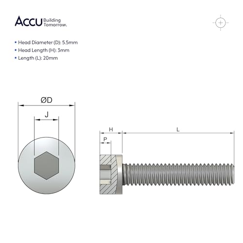 Accu - M3 x 20mm Full Thread Cap Head Screws (DIN 912) - High Tensile Steel (12.9) (Pack of 50) - color: High Tensile Steel (12.9), size: M3 x 20mm