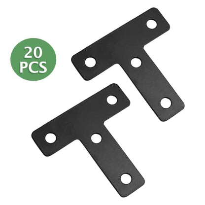 Uenhoy 20 Pcs T Shape Black Flat Brackets 2"x2" with Screws - size: 50x50mm/2"x2", style: T Shape