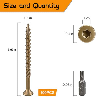 #10 * 3" Deck Screws(100pcs), Exterior Wood Screws, Rust Resistant epoxy Coated, Bronze, T25 Star Bit - size: #10 * 3"