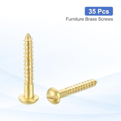 MECCANIXITY 35 Pcs Brass Screws, M2.5 x 16mm Solid Slotted Round Head Self-Tapping Wood Screw Fasteners for Woodworking Furniture Repair Photo Frame Drywall Home Appliances, Gold - size: M2.5 x 16mm