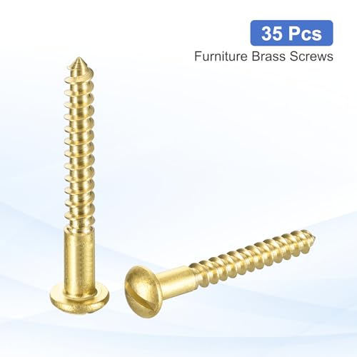 MECCANIXITY 35 Pcs Brass Screws, M3 x 30mm Solid Slotted Round Head Self-Tapping Wood Screw Fasteners for Woodworking Furniture Repair Photo Frame Drywall Home Appliances, Gold - size: M3 x 30mm