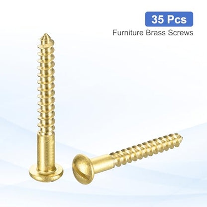 MECCANIXITY 35 Pcs Brass Screws, M3 x 30mm Solid Slotted Round Head Self-Tapping Wood Screw Fasteners for Woodworking Furniture Repair Photo Frame Drywall Home Appliances, Gold - size: M3 x 30mm