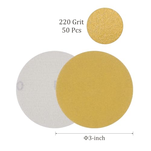 50pcs No Hole Sanding Discs- [ 3 Inch 220 Grit ] Round Hook and Loop Grip Sanding Pads Sheet Sandpaper for Automotive Woodworking Metal Polishing Use| Gold, Aluminum Oxide - size: 220 grit