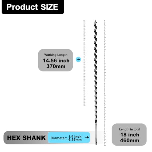 2 Pack 3/8" X 18" Auger Bit for Wood, 10x460mm Hex Long Auger Drill Bit - size: 3/8" (10mm)diameter, style: 18 inch / 460mm Length
