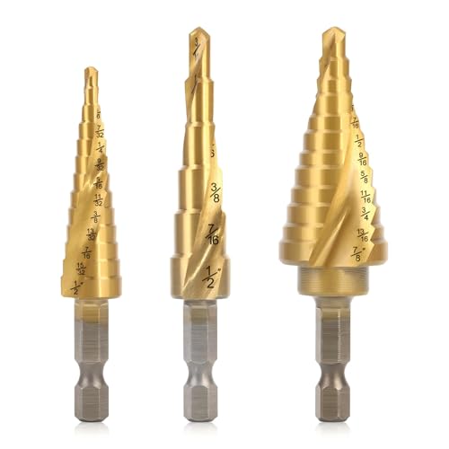3PCS Step Drill Bit Set, 1/4" Hex Shank High-Speed Steel Spiral Grooved Step Drill Bit, Step Bits for Metal, Wood, Plastic, Aluminium, Unibit Cone Drill Bits with 31 Step Sizes Total - style: 3PCS Step Drill Bits Spiral