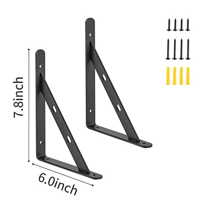 12 Pack 8" x 6" Heavy Duty Aluminum Alloy Shelf Brackets, Max Load 360 lbs, Black, Wall Mount - size: 8 Inch x 6 Inch