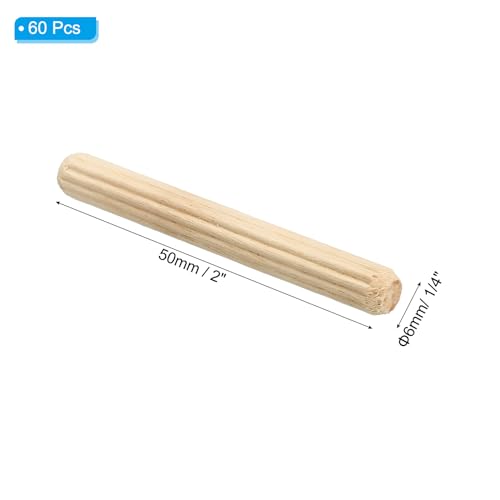 PATIKIL 1/4" x 2"(6 x 50mm) Wood Dowel Pins, 60 Pack Fluted Wooden Dowel Pin Straight Groove Rods for Furniture Door Art Crafts Projects - size: 1/4" x 2"