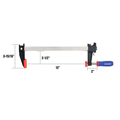 WORKPRO 2-Piece 12" Steel Bar Clamps with 2-1/2" Throat & 600lbs Load Limit - size: 12 inch