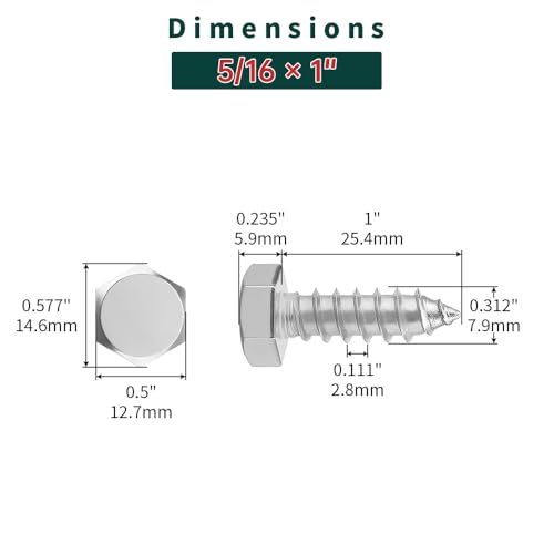 5/16 x 1 Hex Head Lag Screws Bolts with Flat Washers (20 Sets), 304 Stainless Steel 18/8, Full Thread, Deck Screws, Heavy Duty Hex Head Wood Lag Screws, Fayeploo - size: 5/16 x 1"