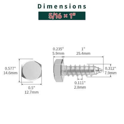 5/16 x 1 Hex Head Lag Screws Bolts with Flat Washers (20 Sets), 304 Stainless Steel 18/8, Full Thread, Deck Screws, Heavy Duty Hex Head Wood Lag Screws, Fayeploo - size: 5/16 x 1"