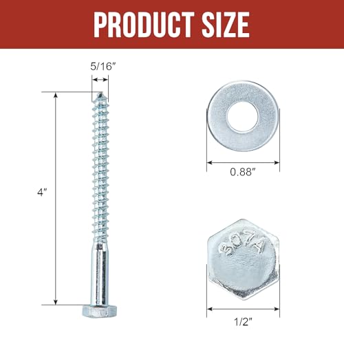 5/16" x 4" Lag Bolts (25 Pcs) 5/16 inch Lag Screws for Wood, Heavy Duty Hex Head with Washers, Zinc Plated - size: 5/16" x 4" (25 PCS)