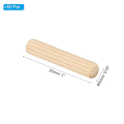 PATIKIL 3/16" x 1"(5 x 25mm) Wood Dowel Pins, 60 Pack Fluted Wooden Dowel Pin Straight Groove Rods for Furniture Door Art Crafts Projects - size: 3/16" x 1"