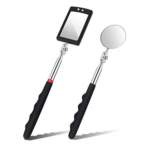 2 Pieces Telescoping Inspection Mirror, Round and Square LED Lighted Flexible Tool for Checking Vehicle, Mechanic Automotive Mirror