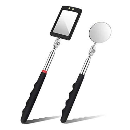 2 Pieces Telescoping Inspection Mirror, Round and Square LED Lighted Flexible Tool for Checking Vehicle, Mechanic Automotive Mirror
