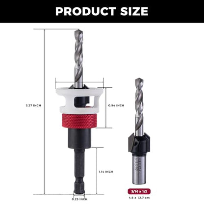 Countersink Drill Bit, Adjustable Depth 3/16"* 1/2" Low Friction Stop Prevent Scratches,1/4" Quick Change Hex Shank,Replaceable HSS Pilot Drill Bit for Plastic, Woodworking - size: 3/16" x 1/2"