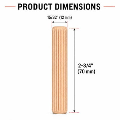 Generic (Pack of 10) Wooden Dowels 15/32"" x 2-3/4"" (12 x 70 mm), Grooved Wood Plugs, Ribbed Pins for Furniture, Grooved Dowels - size: 15/32" x 2-3/4" (12 x 70 mm) - 10 PCS