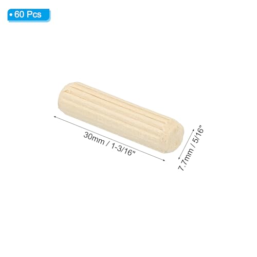 PATIKIL 5/16" x 1-3/16"(8 x 30mm) Wood Dowel Pins, 60 Pack Fluted Wooden Dowel Pin Straight Groove Rods for Furniture Door Art Crafts Projects - size: 5/16" x 1-3/16"