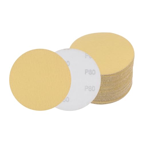 50pcs No Hole Sanding Discs- [ 5 Inch 80 Grit ] Round Hook and Loop Grip Sanding Pads Sheet Sandpaper for Automotive Woodworking Metal Polishing Use| Gold, Aluminum Oxide - size: 80 grit