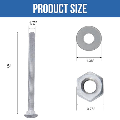 1/2" x 5" Carriage Bolts (25 PCS), Hot Dip Galvanized, Heavy Duty Round Head with Washers and Nuts - size: 1/2" x 5"
