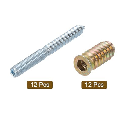 uxcell M6x60mm Hanger Bolts, 12pcs 31mm Wood Dowel Screw Self-Tapping Screw with 12pcs M6x24mm Threaded Insert Nuts Interface Hex Socket Drive, for Joint Furniture Legs