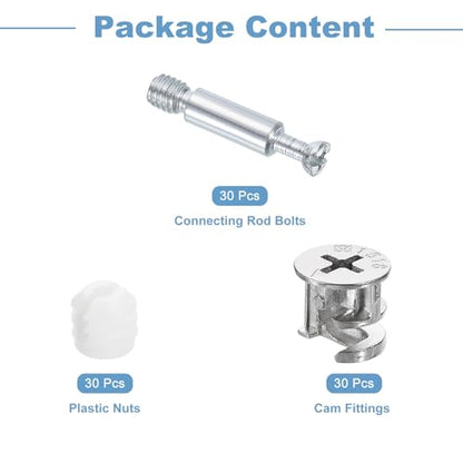uxcell 30Set 15x14mm Furniture Cam Lock Fitting with 5.8x32mm Dowel Fasteners, 3-in-1 Metal Furniture Board Connecting Screws Bolts Assortment Kit for Cabinets Chairs Drawer - size: 5.8 x 32mm