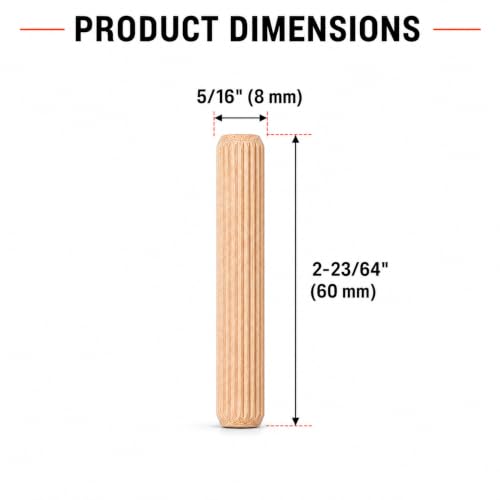 (Pack of 50) Wooden Dowels 5/16" x 2-23/64" (8 x 60 mm), Grooved Wood Plugs, Ribbed Pins for Furniture, Grooved Dowels - size: 5/16" x 2-23/64" (8 x 60 mm) - 50 PCS